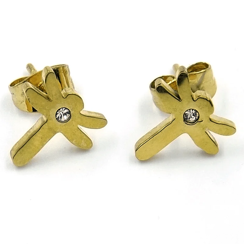 Aretes tipo Broquel Dorados Libelula con Cristal