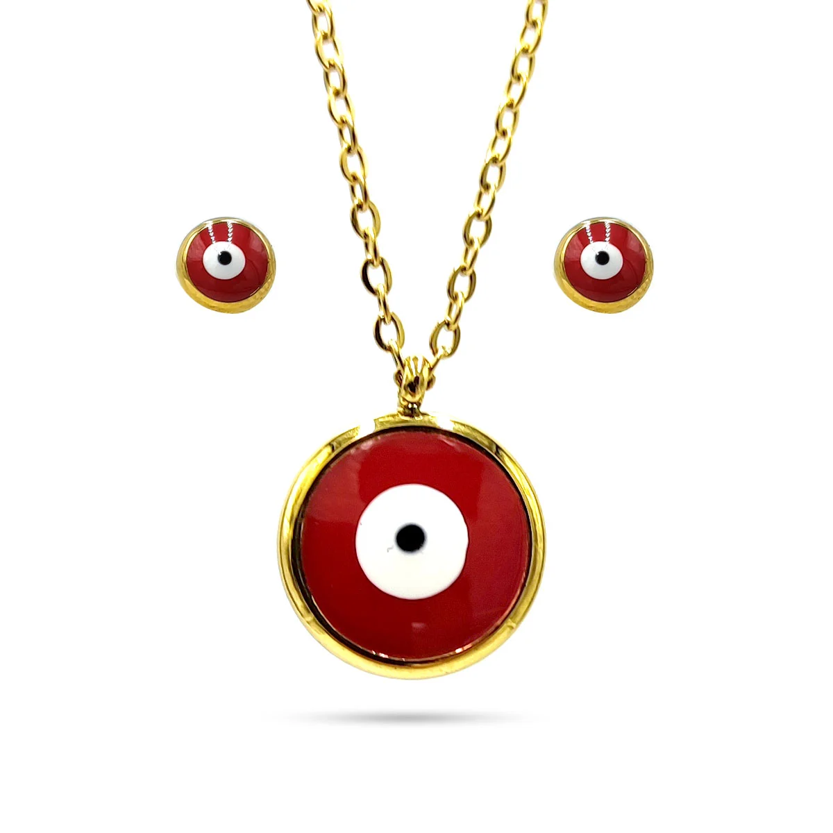 Set Joyeria Acero Inoxidable Dorado Ojo Turco Rojo