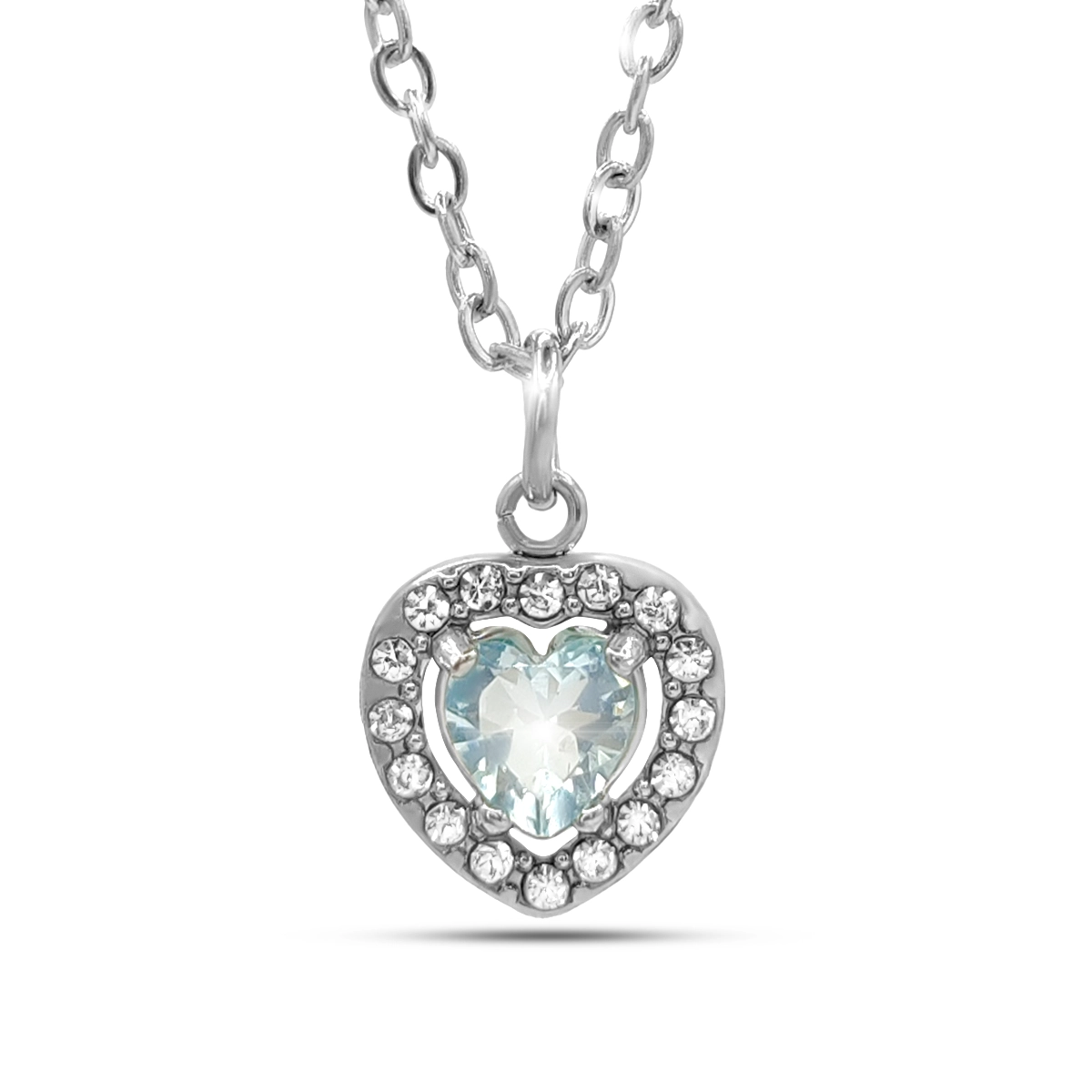 Collar Acero Plateado Cristales Corazón Zirconia Azul