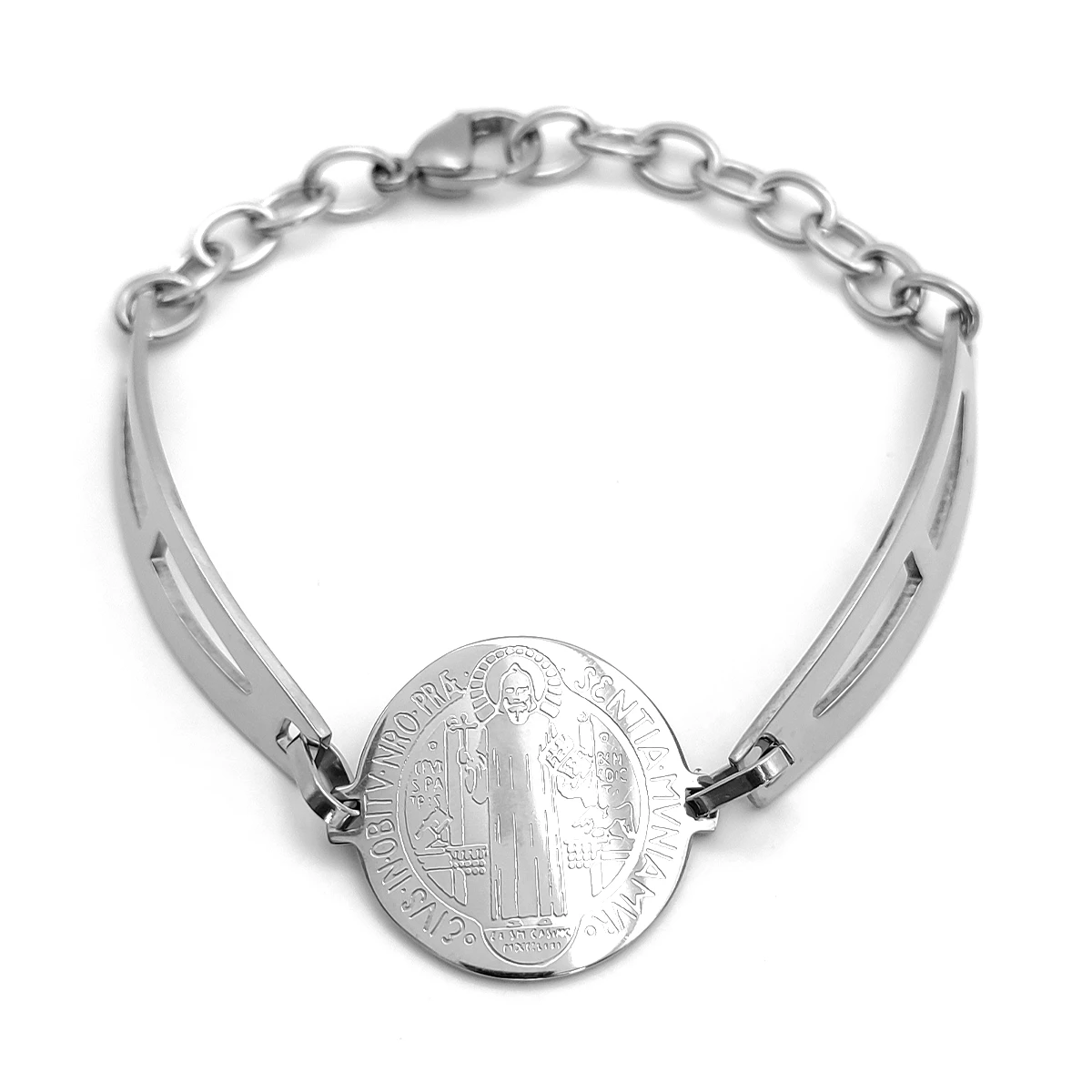 Pulsera Acero Plateado Semi Brazalete Medalla San Benito