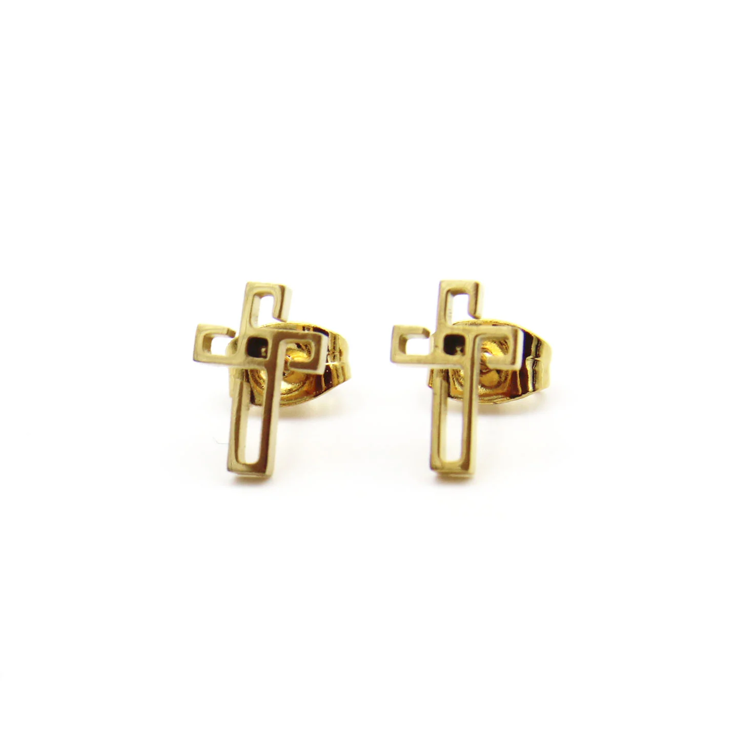 Aretes Tipo Broquel Acero Dorado Cruz Silueta Proteccion