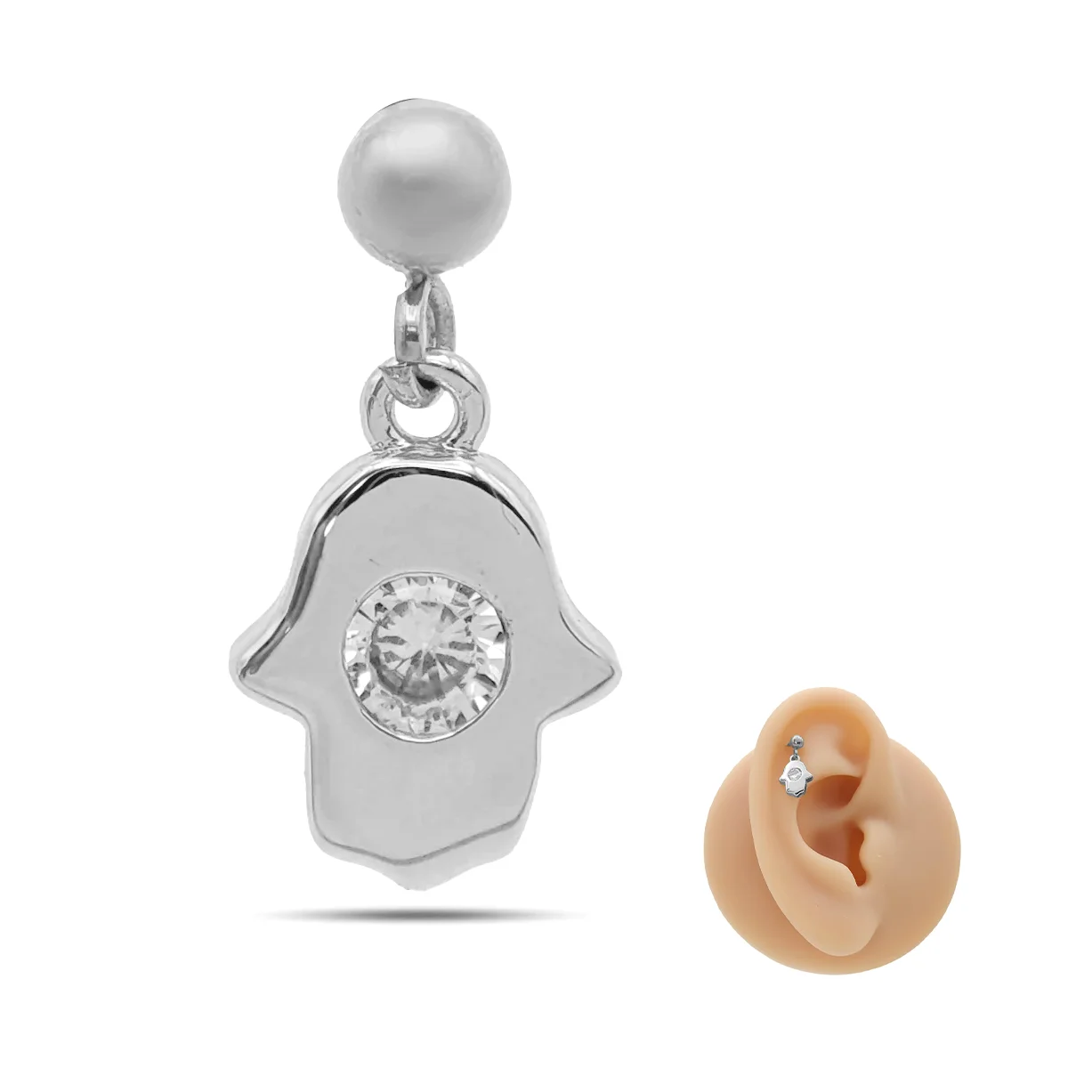 Piercing de Oreja Acero Bola lisa Colgante Mano de Fátima