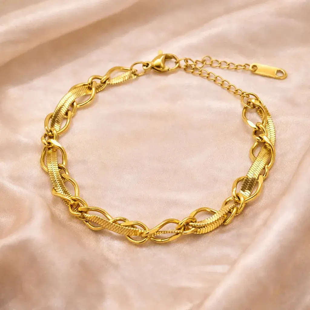 Pulsera Acero Inox Dorado Planchada Cadena Entrelazada