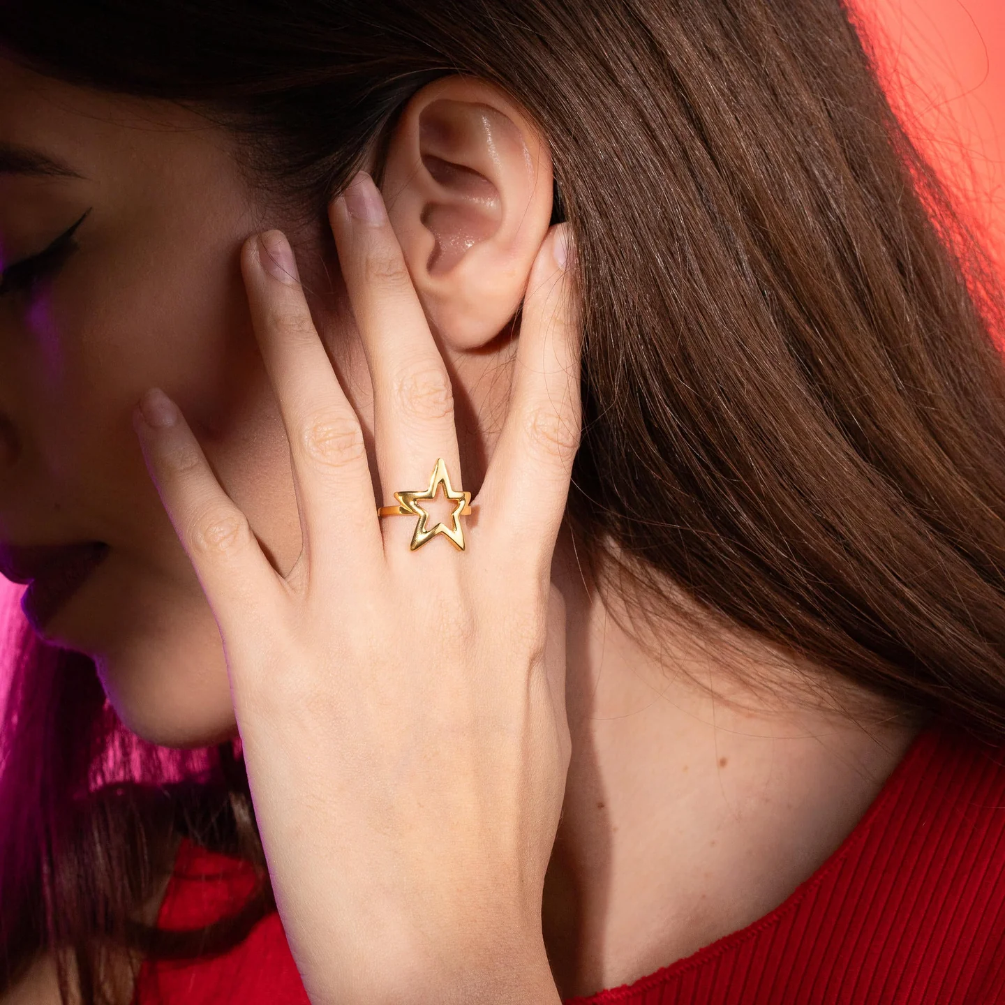 Anillo Acero Dorado Contorno Estrella Lisa Ajustable