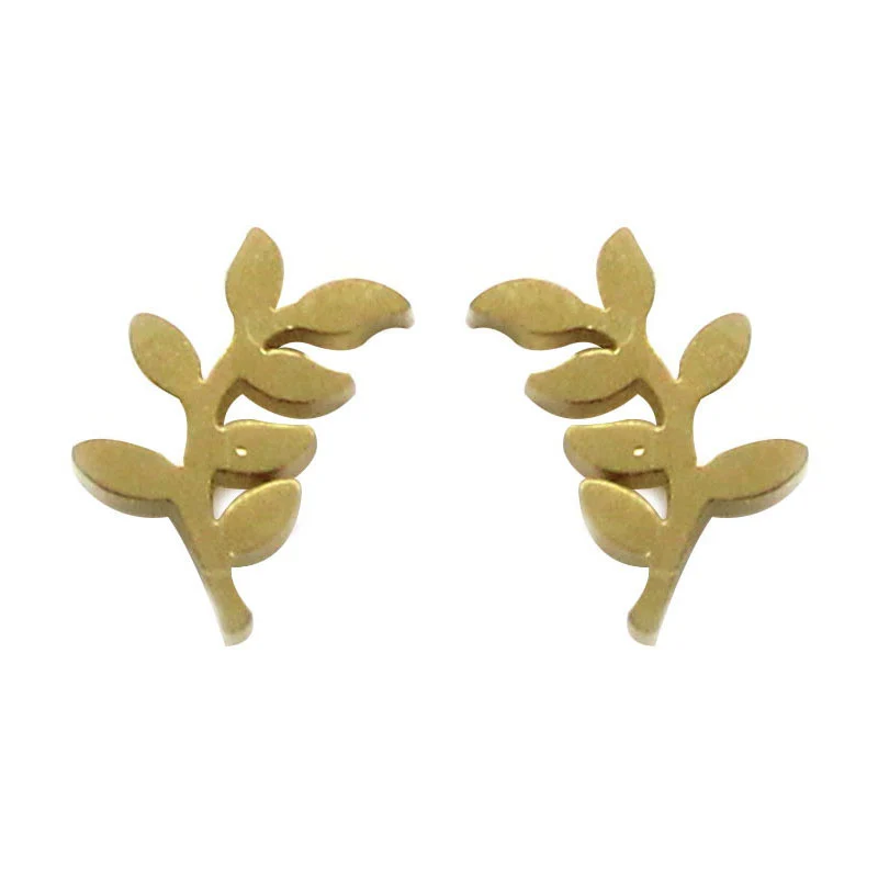 Aretes Tipo Broquel Acero Inox Dorado hojas de Laurel