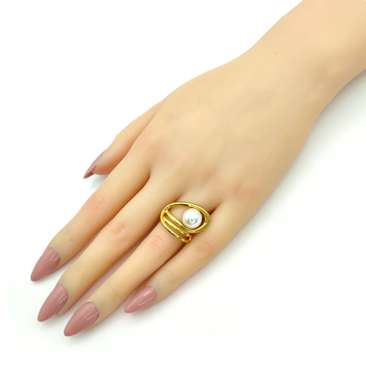 Anillo Acero Dorado Irregular Espiral Perla Ajustable