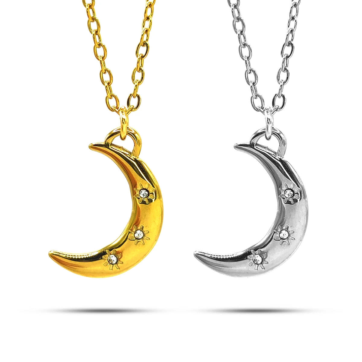 Collar Acero Inox Luna Tres Cristales Claros Estrellas
