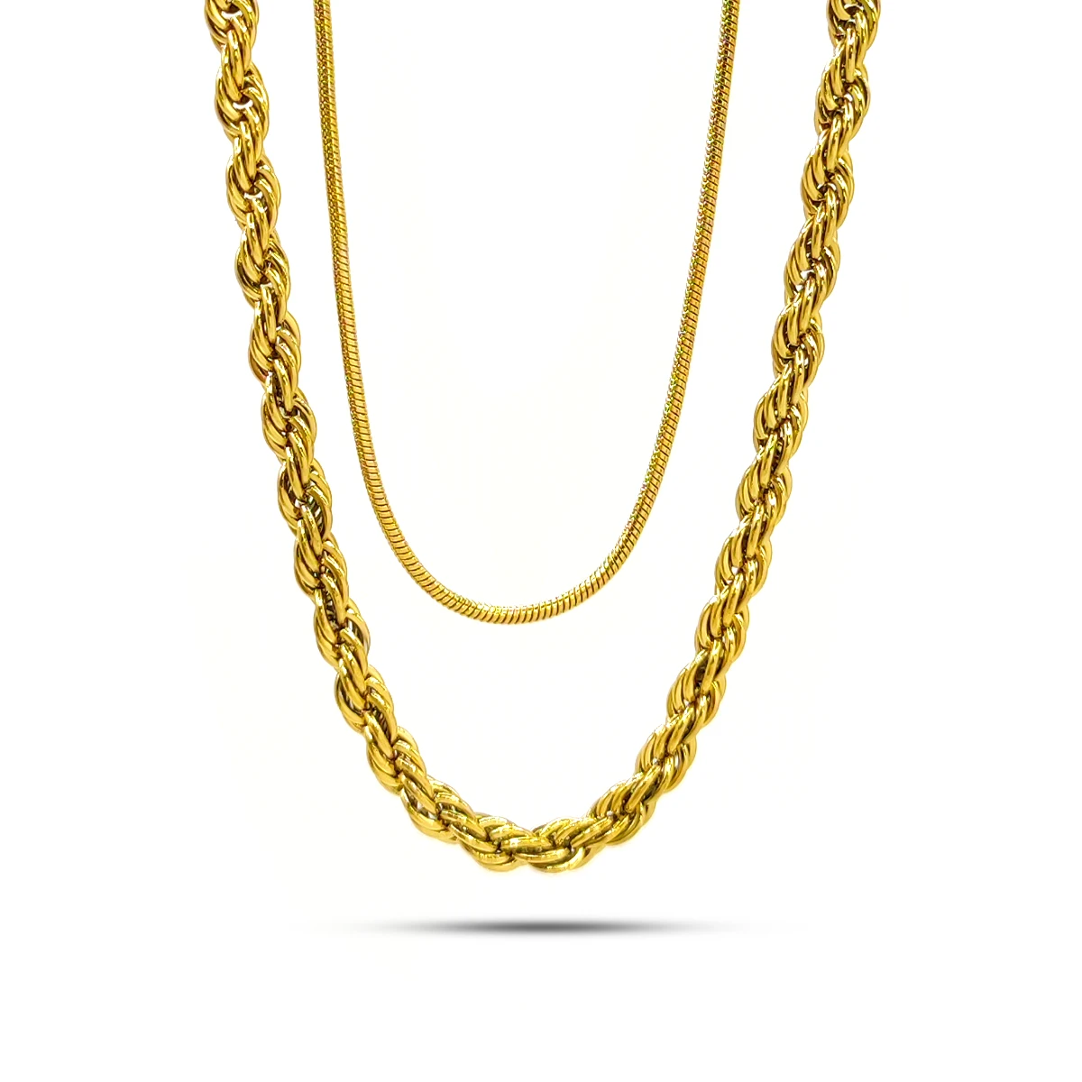 Collar Acero Inox Doble Cadena Torzal y Cola de Rata
