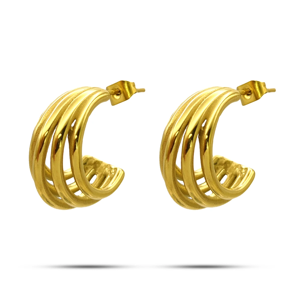 Aretes Acero Dorado Media Arracada Cinco Lineas Tubulares