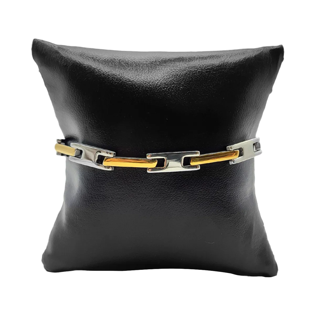 Pulsera Acero Inox Bicolor Barra Larga y Eslabon Hombre