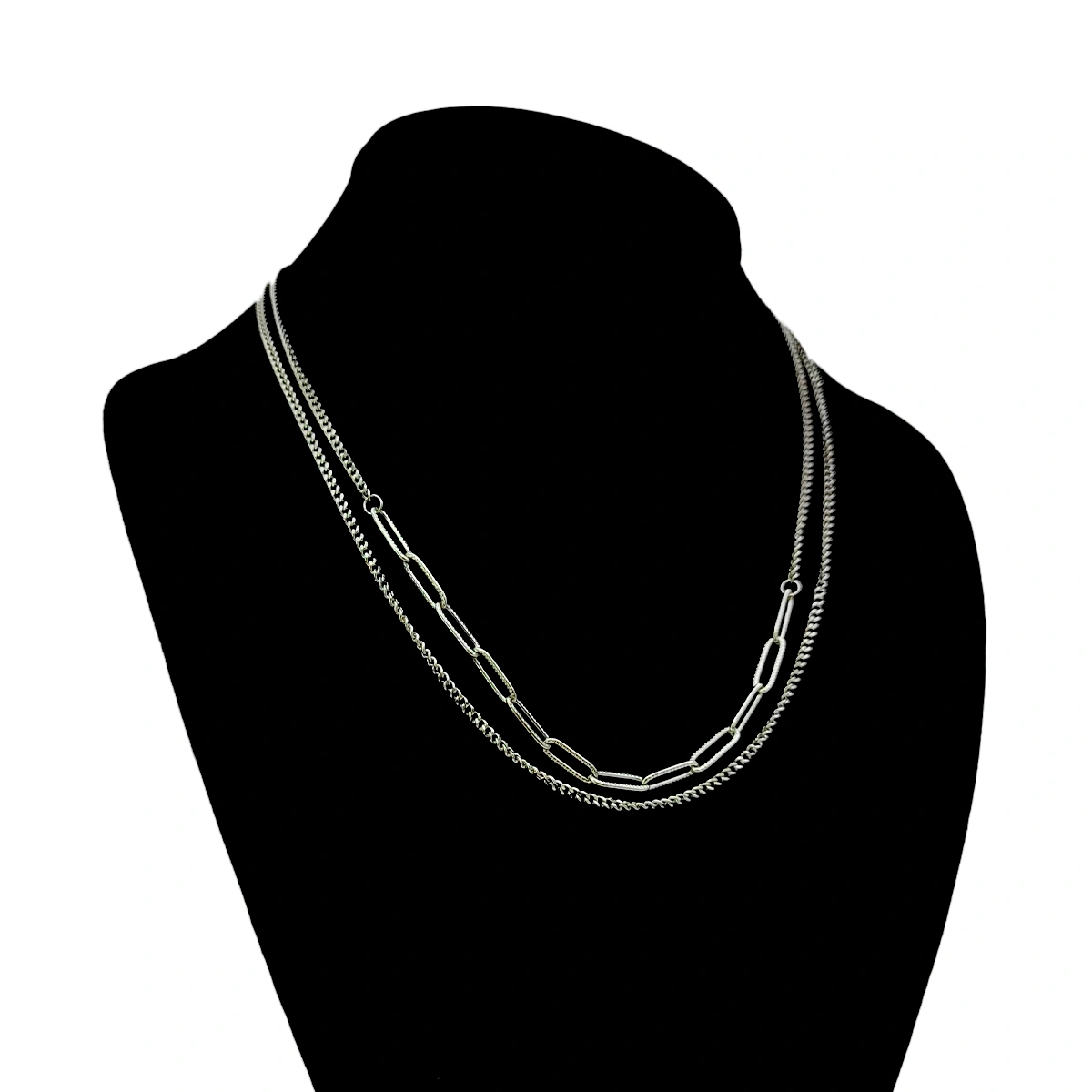 Collar Acero Plateado Doble Eslabon Largo y Barbada