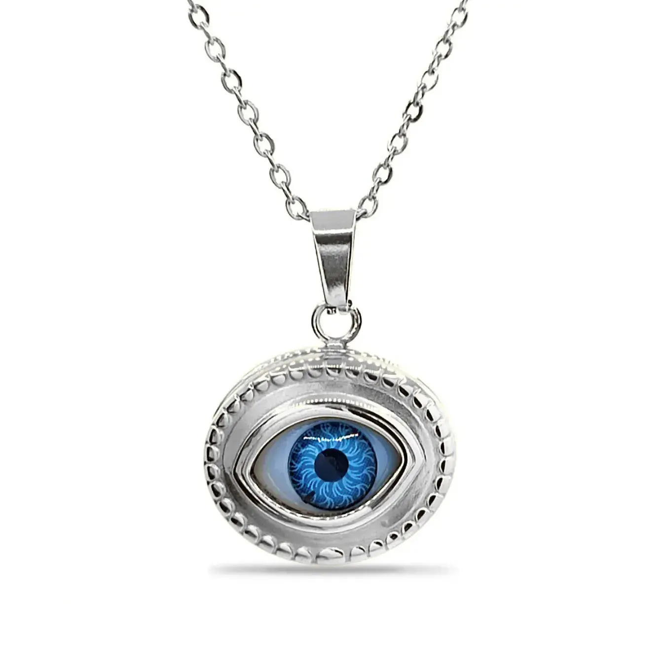 Collar Acero Relicario Oval Ojo Realista Azul Cierre Imán