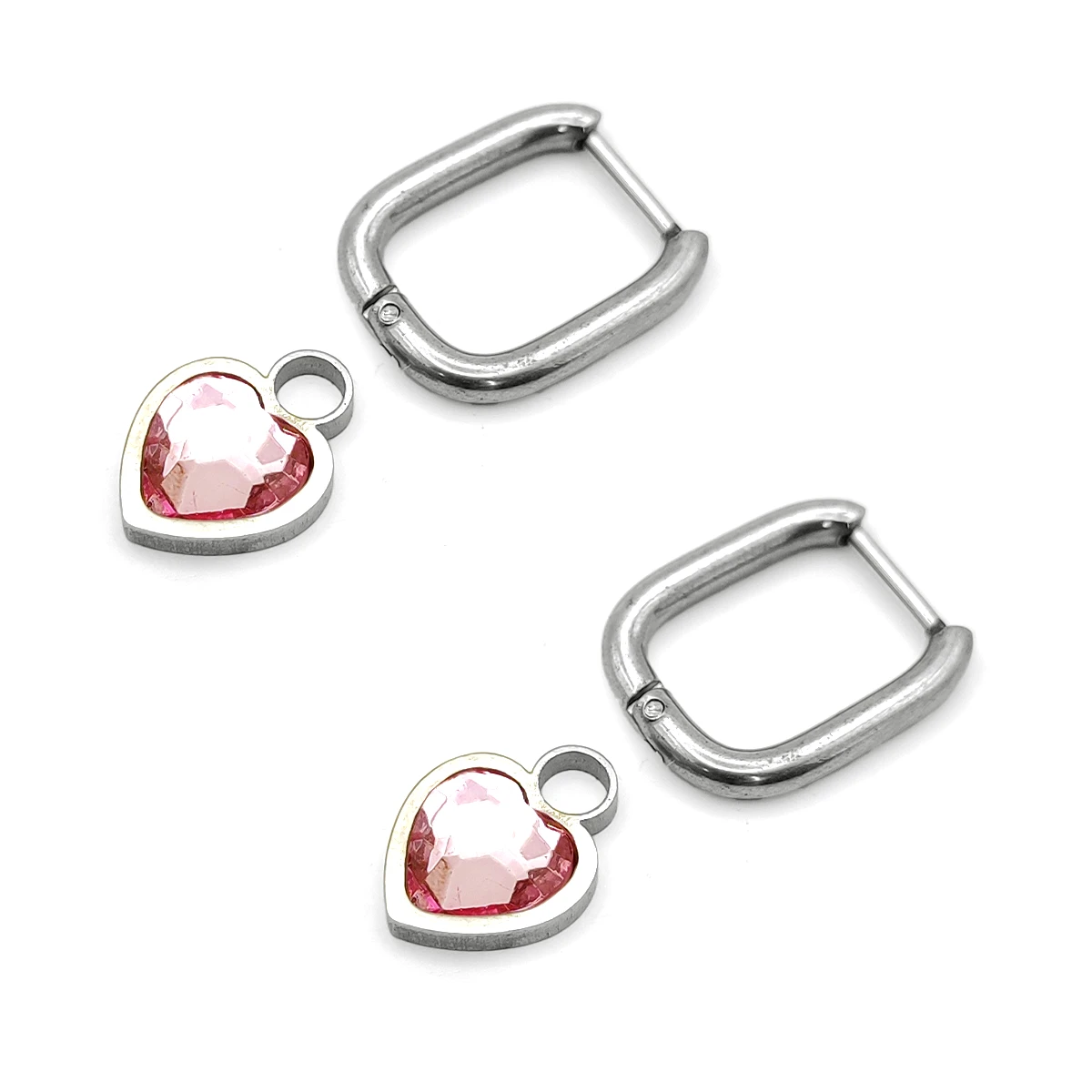 Aretes Acero Plateado Huggies Rectangulares Corazon Rosa