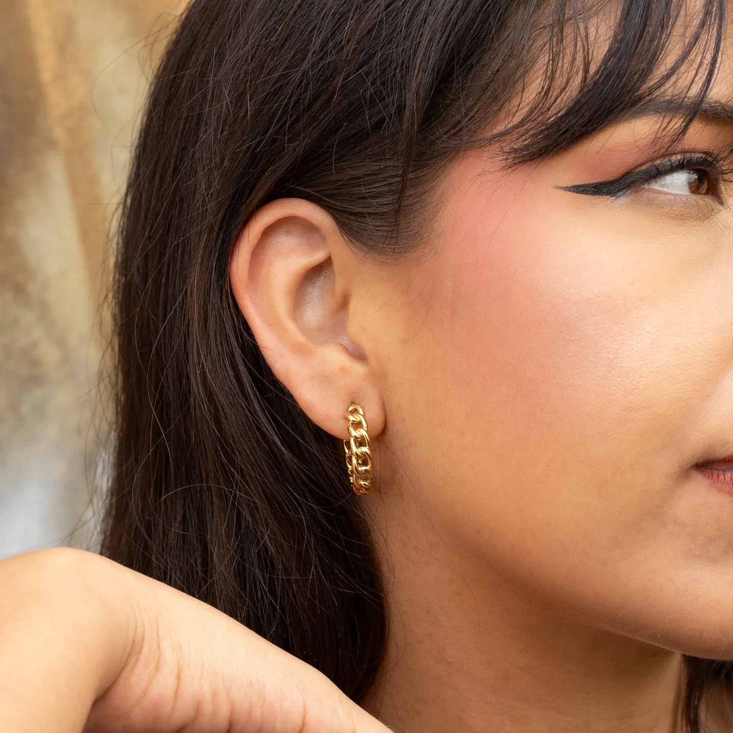 Aretes Acero Dorado Media Arracada Eslabones Cadena