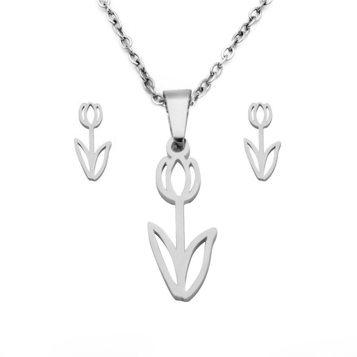 Set Joyeria Acero Plateado Bella Flor Romantica Tulipan