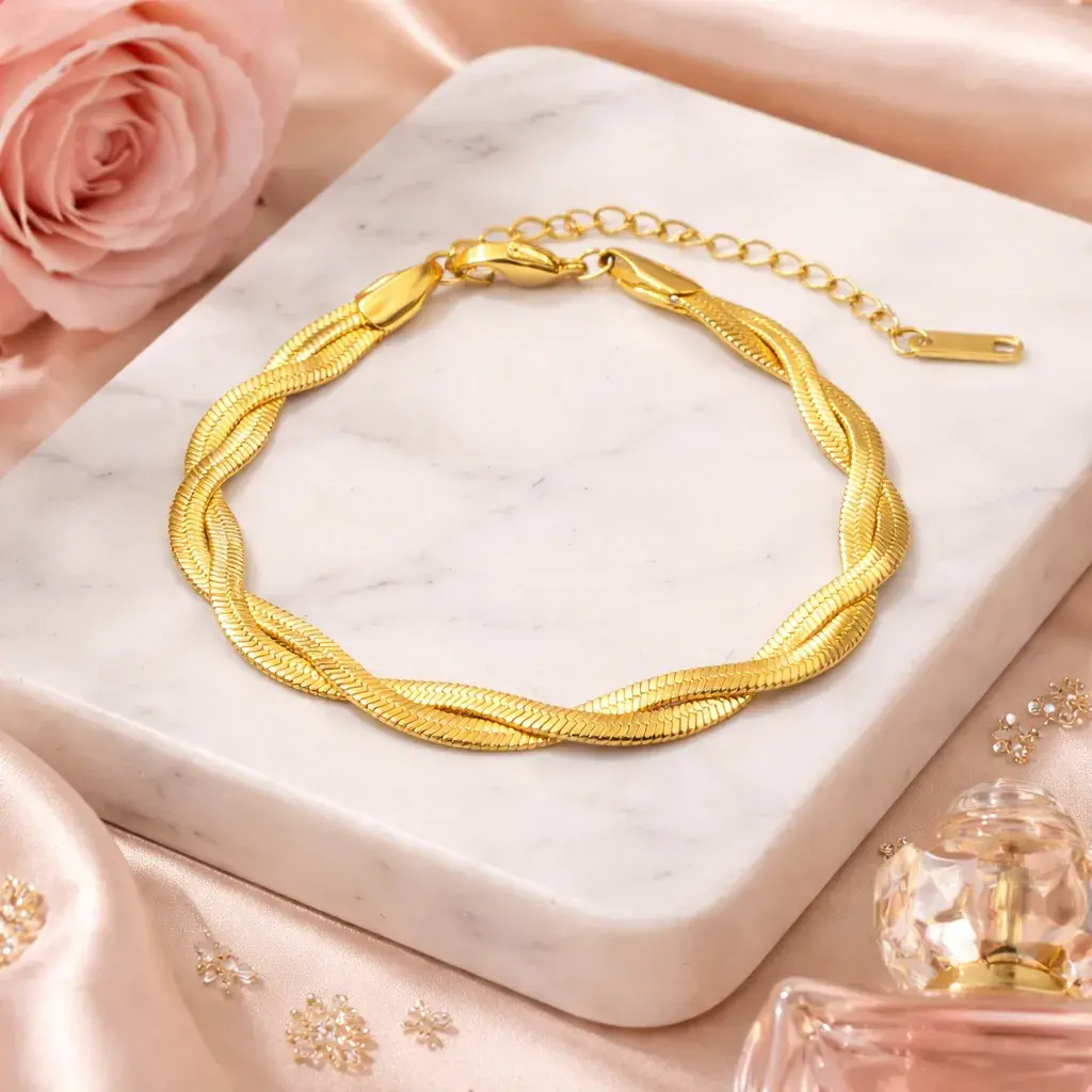 Pulsera Acero Dorado Panza de Vibora Doble Trenzada