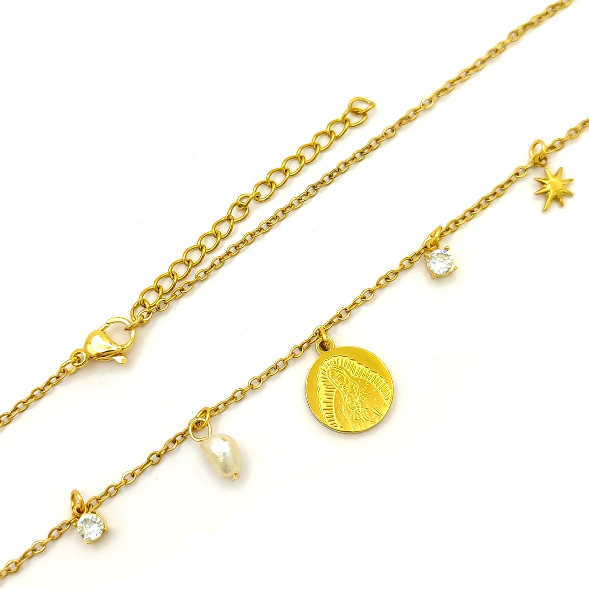 Collar Acero Inox Dorado Medalla Virgen Perla de Rio