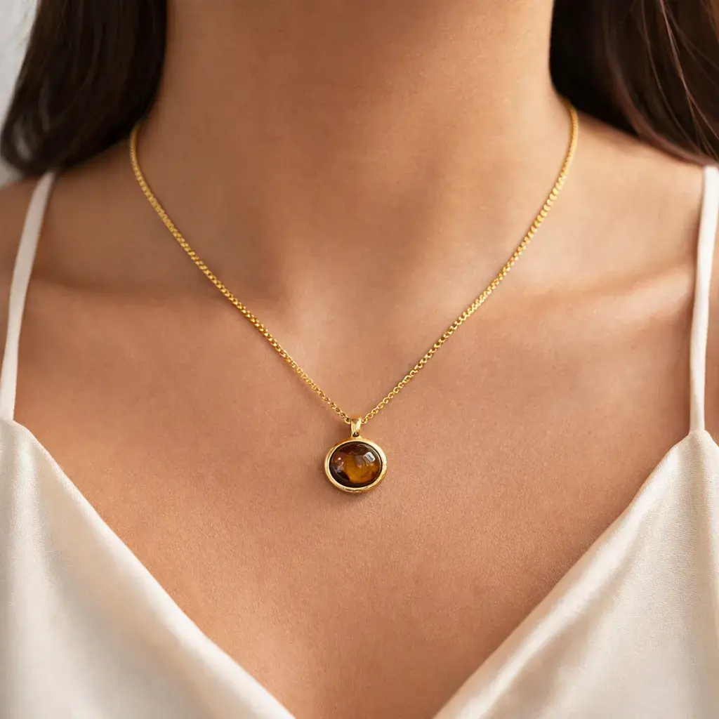 Collar Acero Dorado Ojo de Tigre Natural Piedra Oval