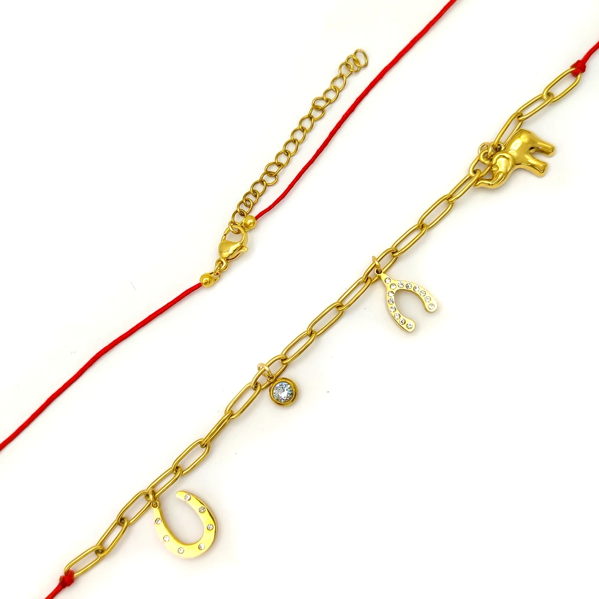 Collar Acero Dorado Simbolos Suerte Fortuna Hilo Rojo