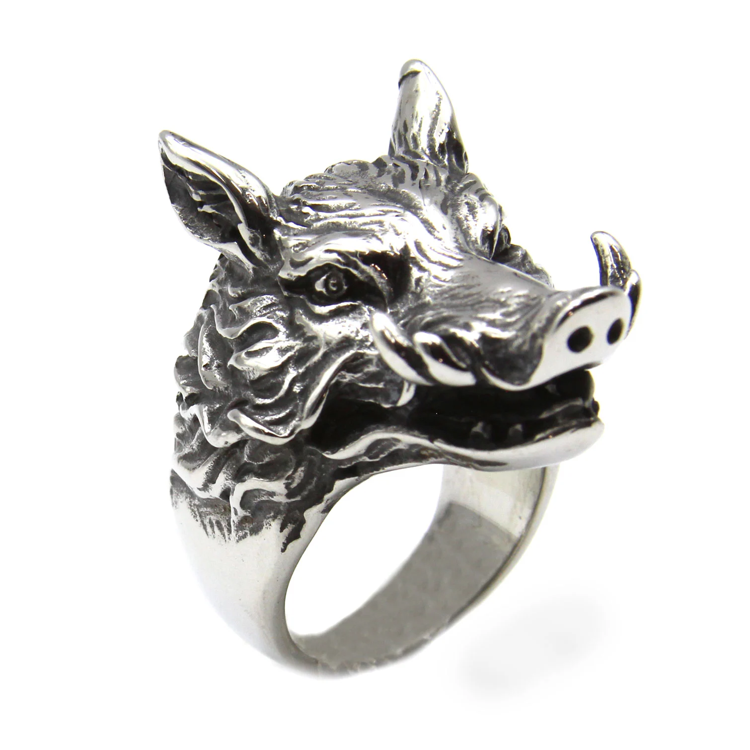 Anillo Acero Inoxidable Plateado Jabalí Animal Cerdo Salvaje