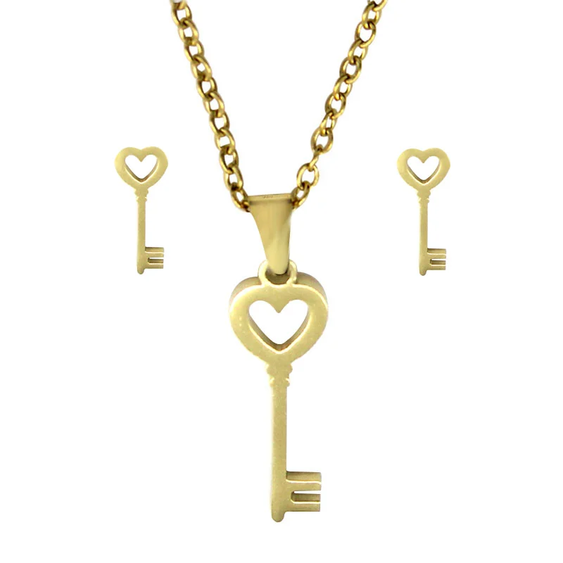 Set de Joyeria Acero Inox Dorado Corazon Llave Antigua