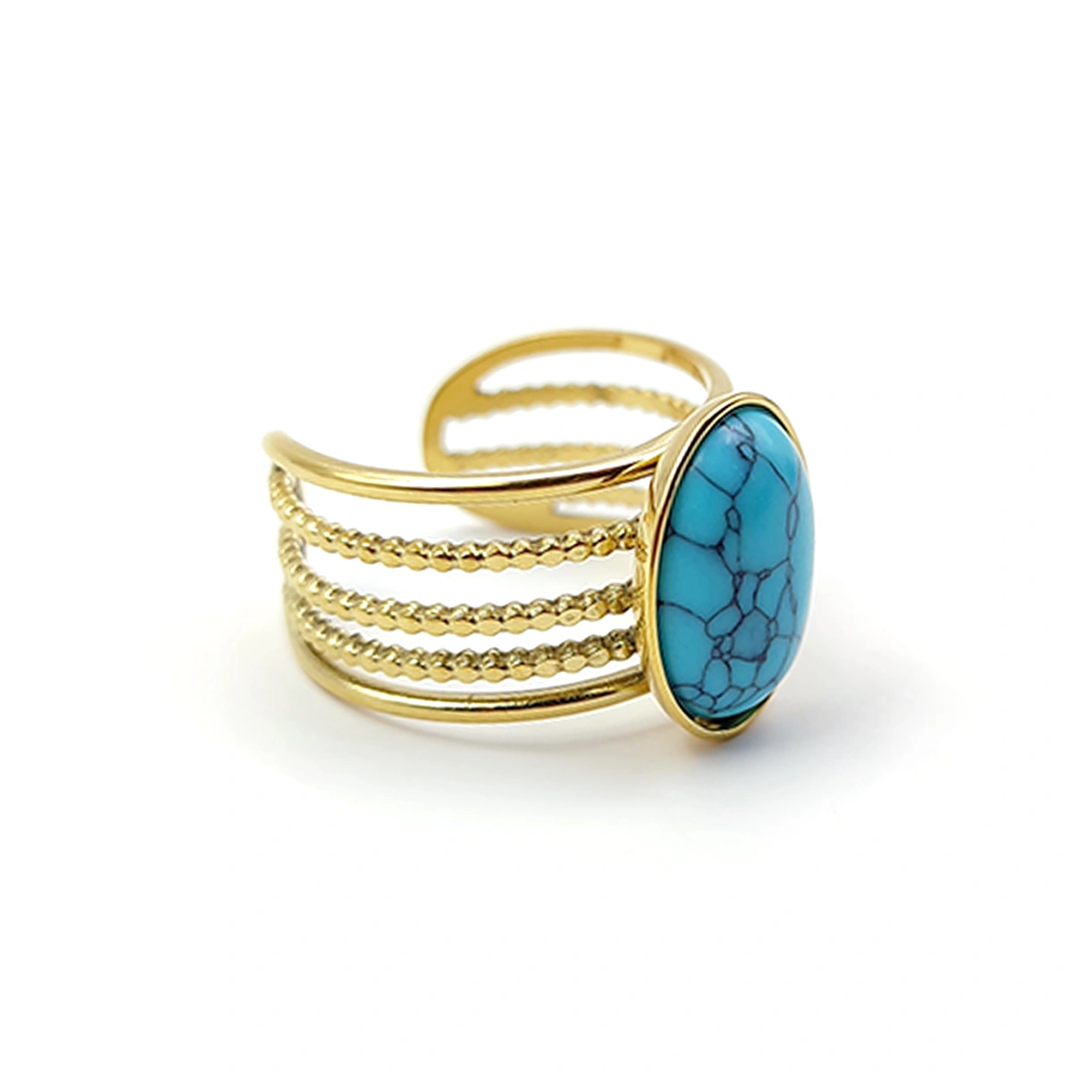 Anillo Acero Dorado Ajustable Lineas Ancho Turquesa Oval