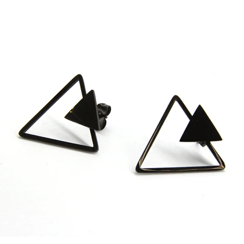 Aretes Acero Inox Negro Triangulo Doble Hueca Minimalista