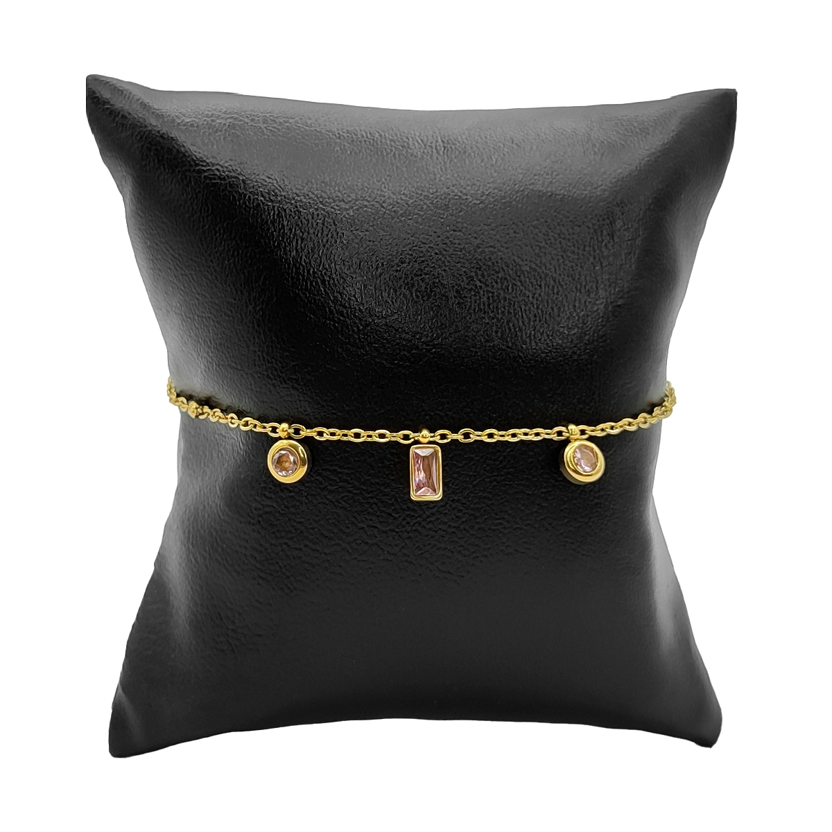 Pulsera Acero Dorado Delgada Cristales Rosas Mini Balines