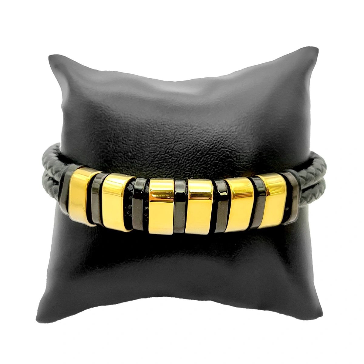 Pulsera Acero Dorado Piel Doble Tira 6 Cuentas Para Grabado