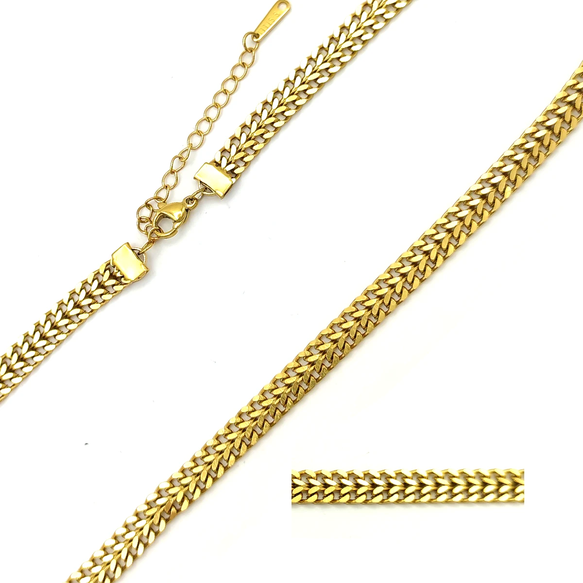 Cadena Acero Dorado Esclava Doble Fila Unida Cubana