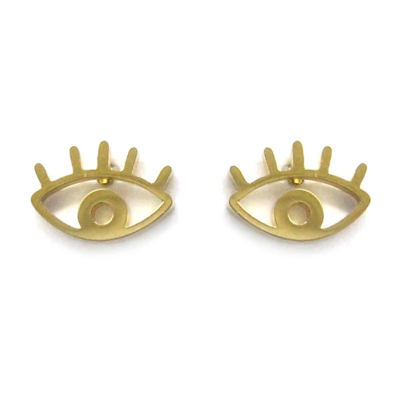 Aretes Tipo Broquel Acero Dorado Contorno Ojo Pestaña