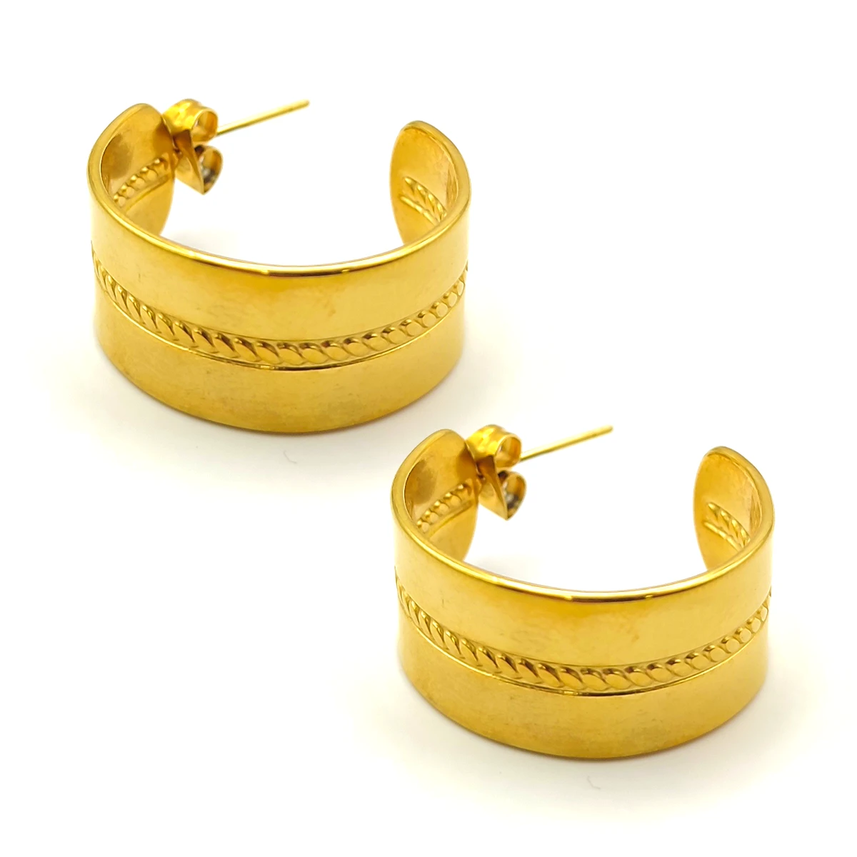 Aretes Acero Inox Dorado Arracadas Anchas Canal Trenzado