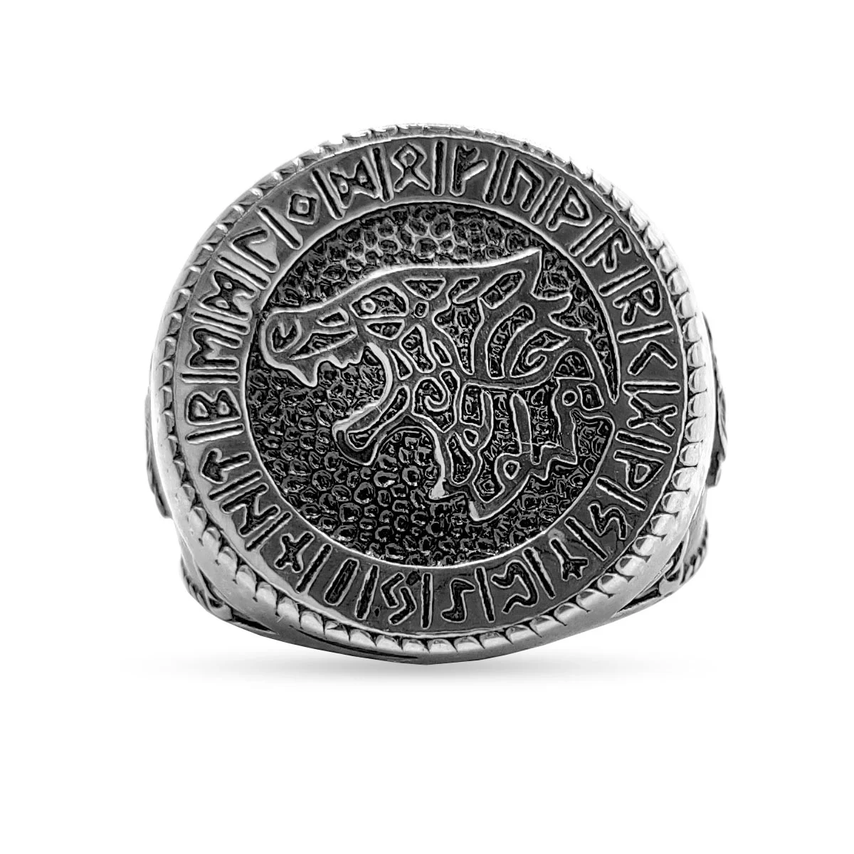 Anillo Acero Inox Plateado Lobo Vegvisir Runas Vikingas