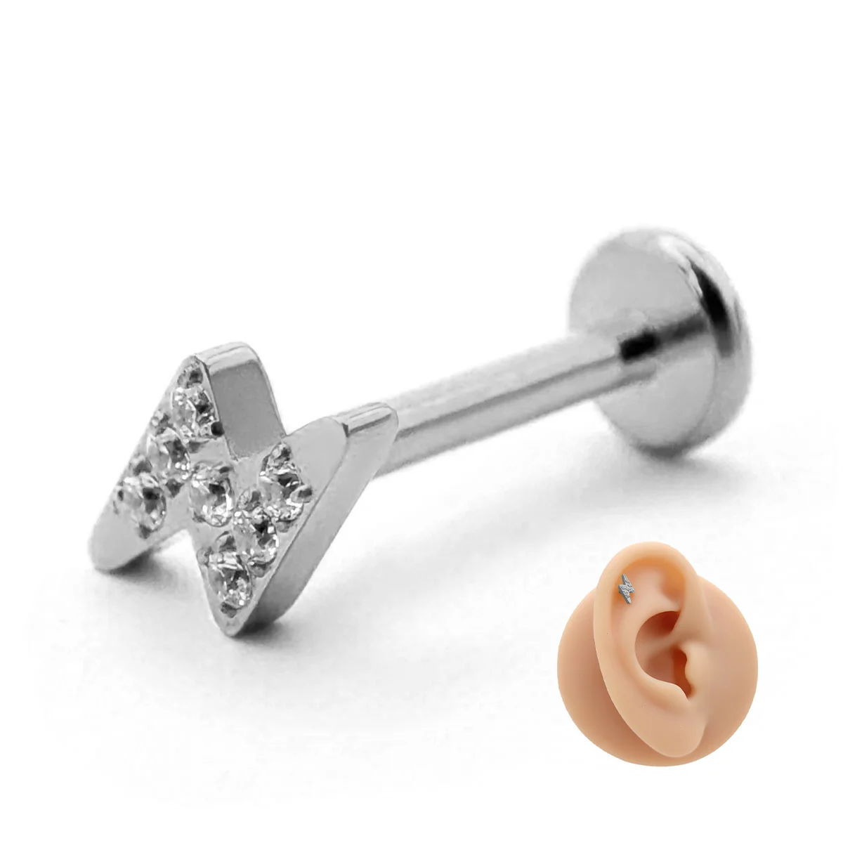 Piercing de Oreja Acero Forma Rayo Plano Cristales Claros