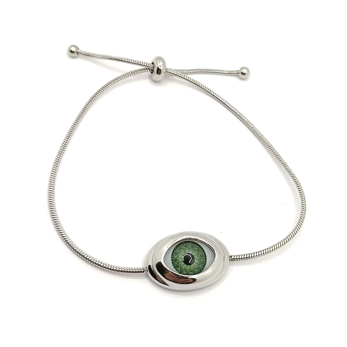 Pulsera Acero Inox Plateado Ojo Verde Realista Ajustable