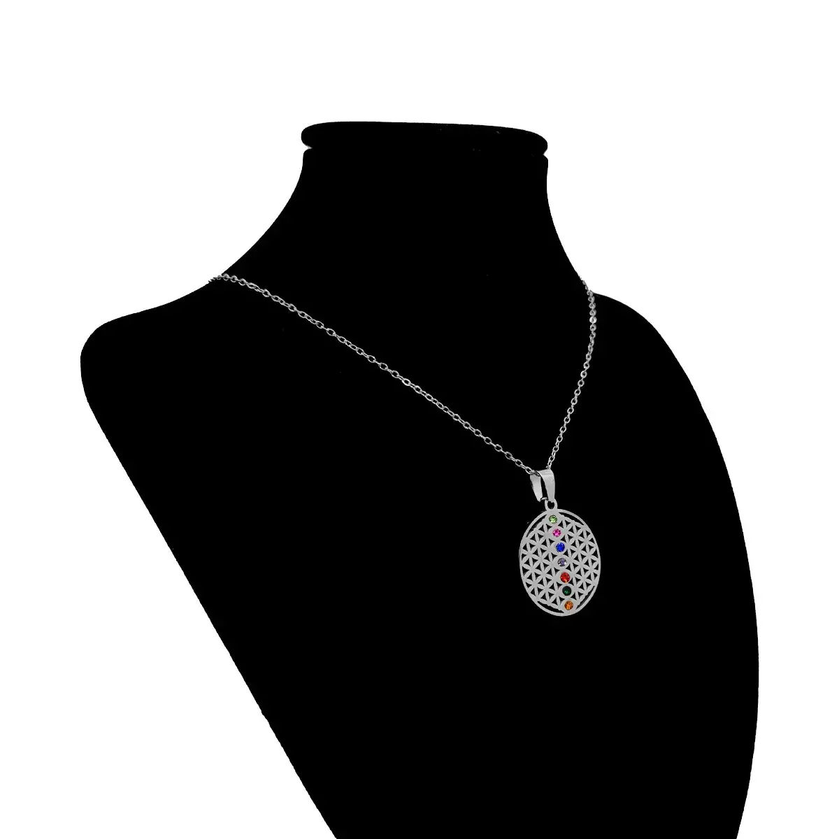 Collar Acero Plateado Flor de la Vida Cristales 7 Chakras