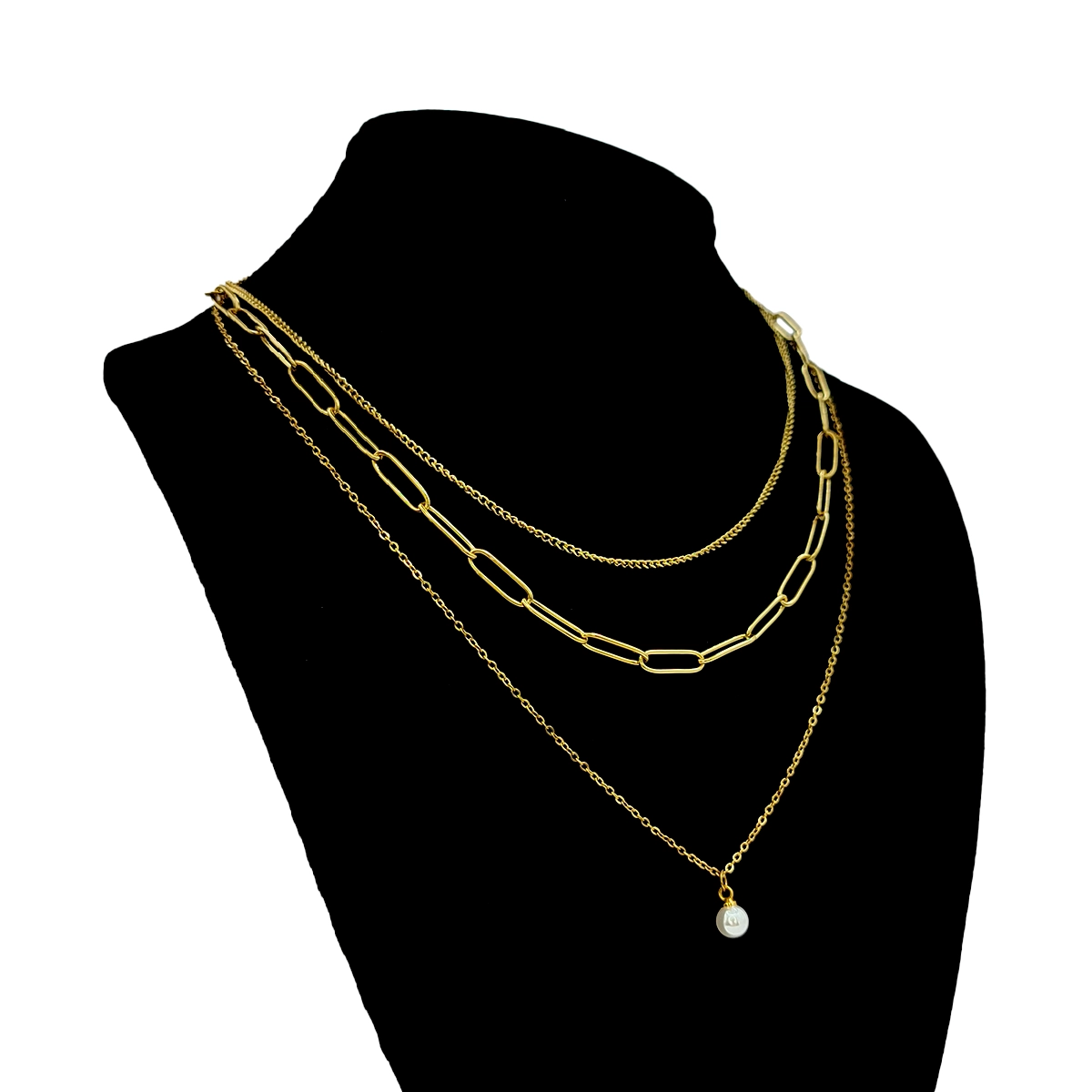 Collar Acero Triple Eslabon Oval Largo y Cubana Perla
