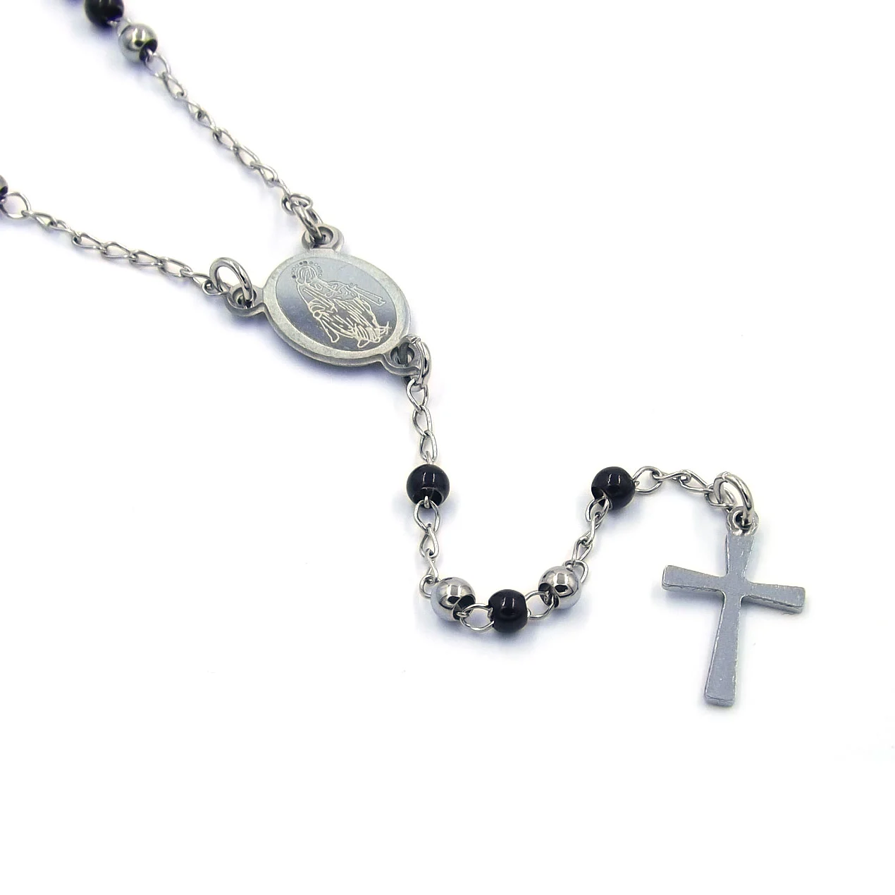Rosario Pequeño Acero Inoxidable Plateado Negro Virgen María