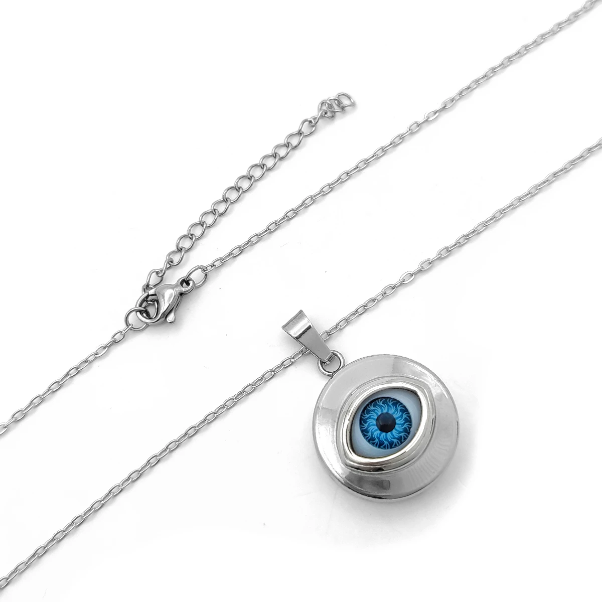 Collar Acero Plateado Relicario Liso Ojo Realista Azul