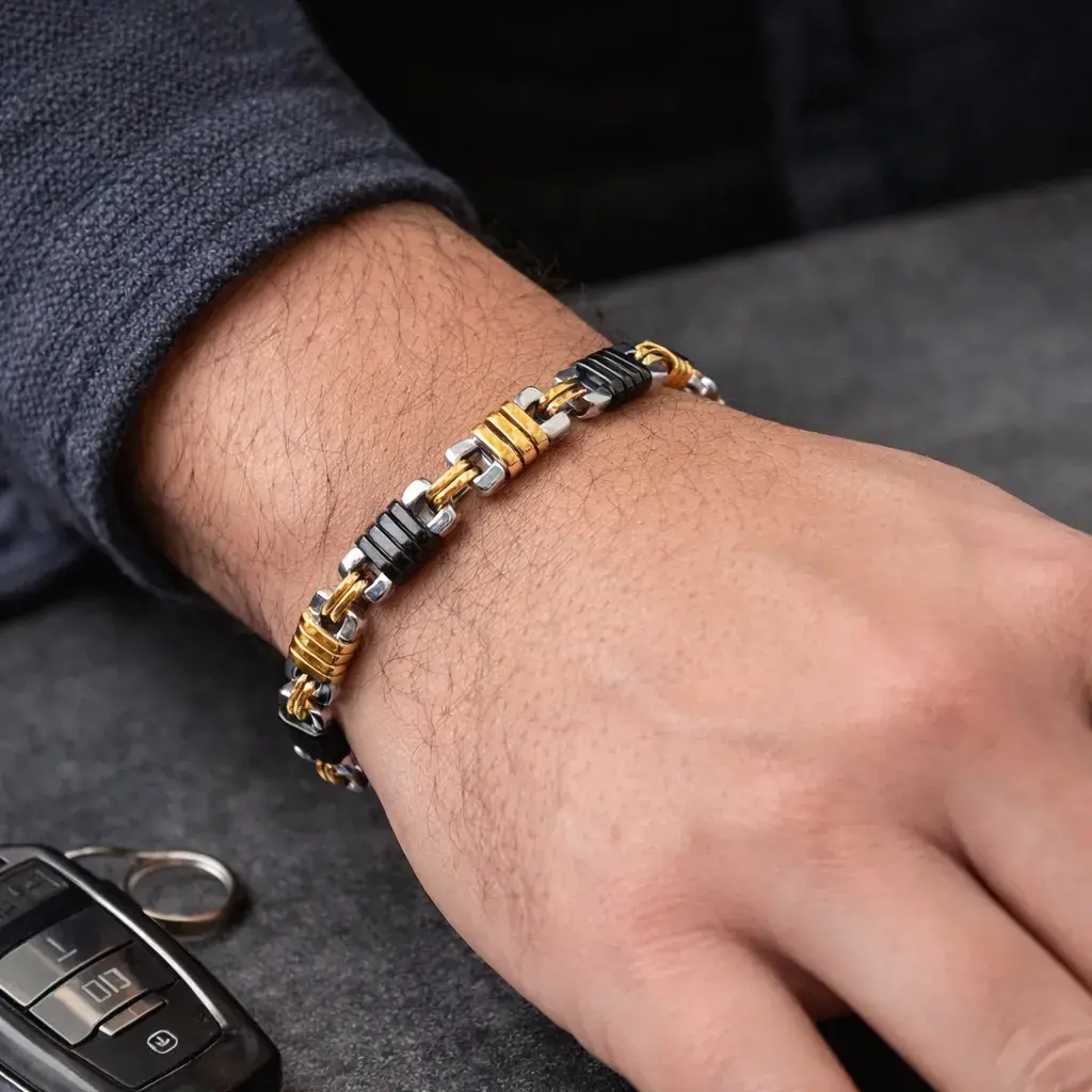 Pulsera Acero Tricolor Eslabones Cuadrados Remaches