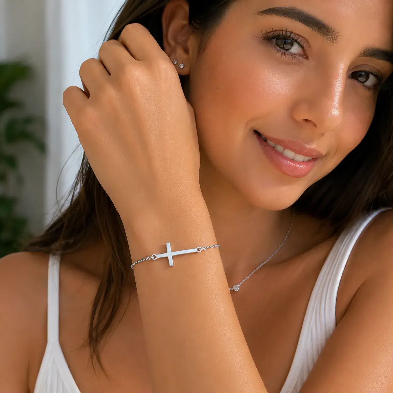 Pulsera Acero Plateado Simbolo Cruz Lisa Sencilla