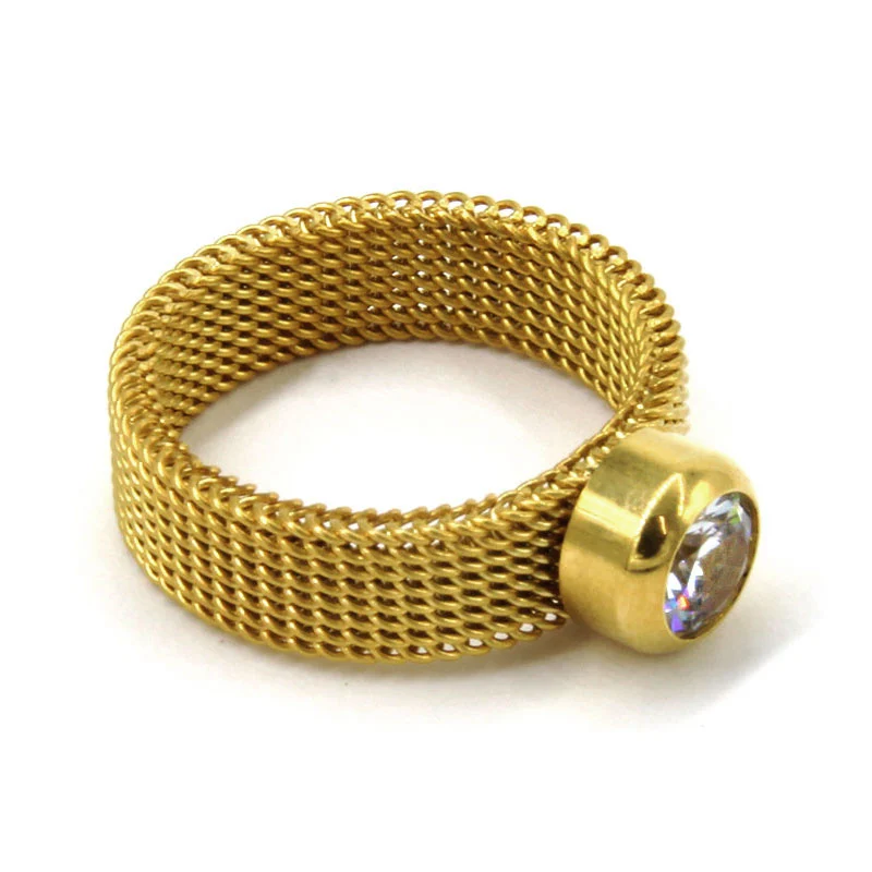 Anillo Acero Inox Dorado Malla Tejida Circular Zirconia
