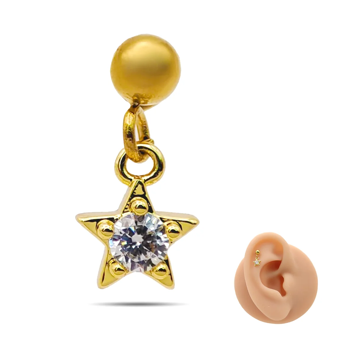 Piercing de Oreja Acero Bola lisa Colgante Estrella Cristal