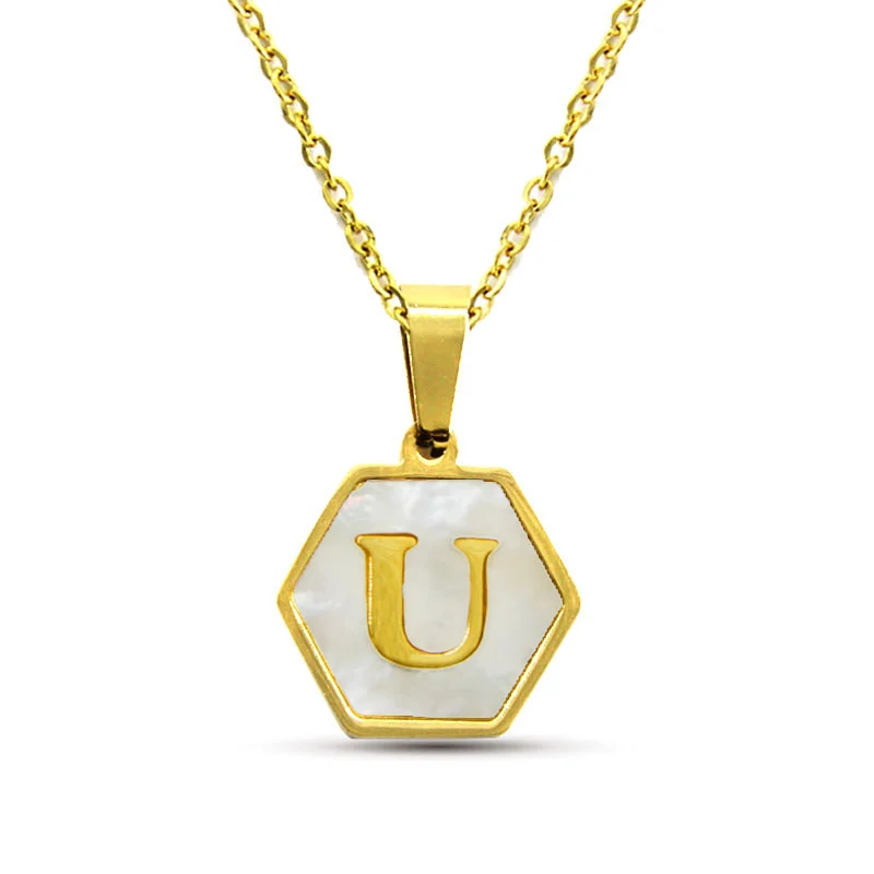 Collar Acero Inox Dorado Hexagonal Letra U Madre Perla