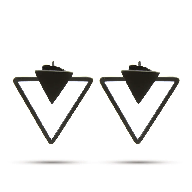 Aretes Acero Inox Negro Triangulo Doble Hueca Minimalista