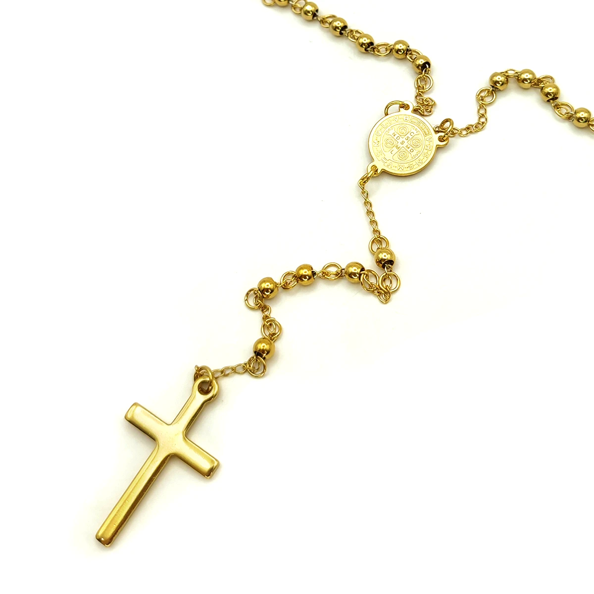 Rosario Acero Dorado Medalla San Benito Cruz 32 mm