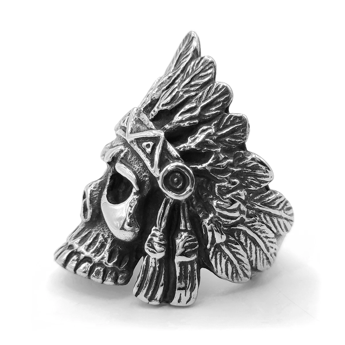 Anillo Acero Plateado Craneo Calavero Penacho Plumas