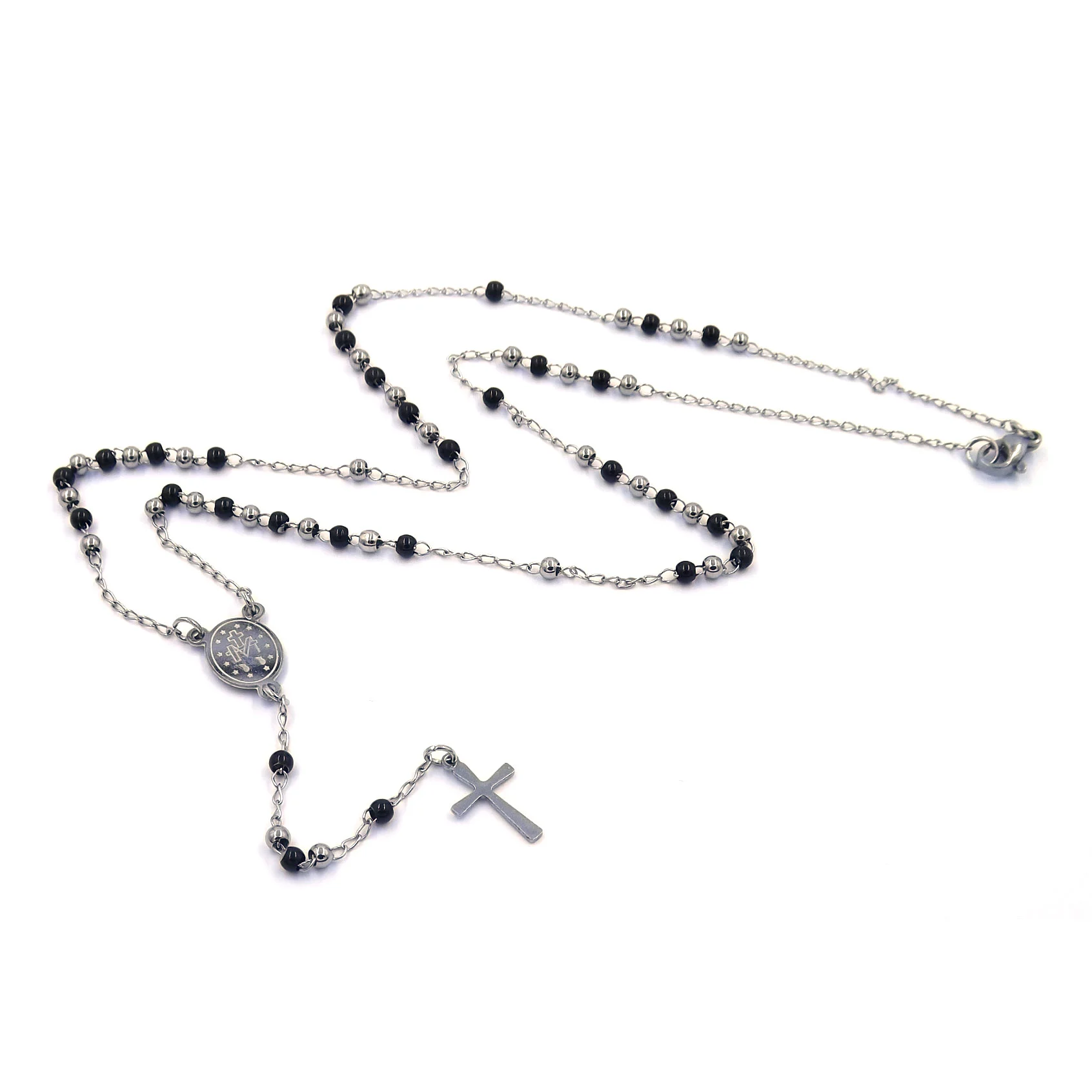 Rosario Pequeño Acero Inoxidable Plateado Negro Virgen María