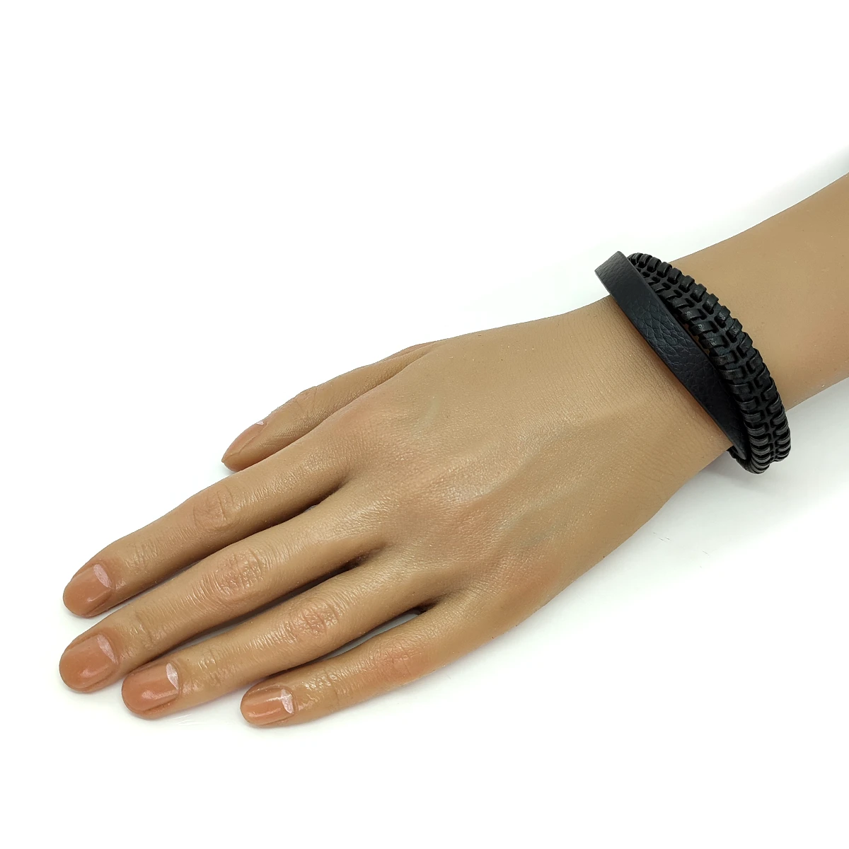 Pulsera Acero Negra Piel Dos Tiras Gruesas Tejida y Lisa