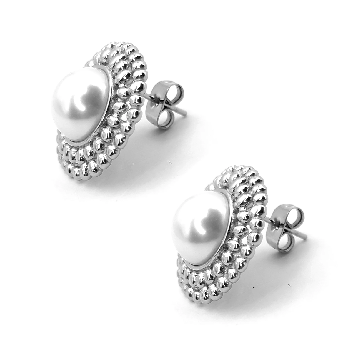 Aretes Acero Plateado Media Perla Contorno Ornamentado